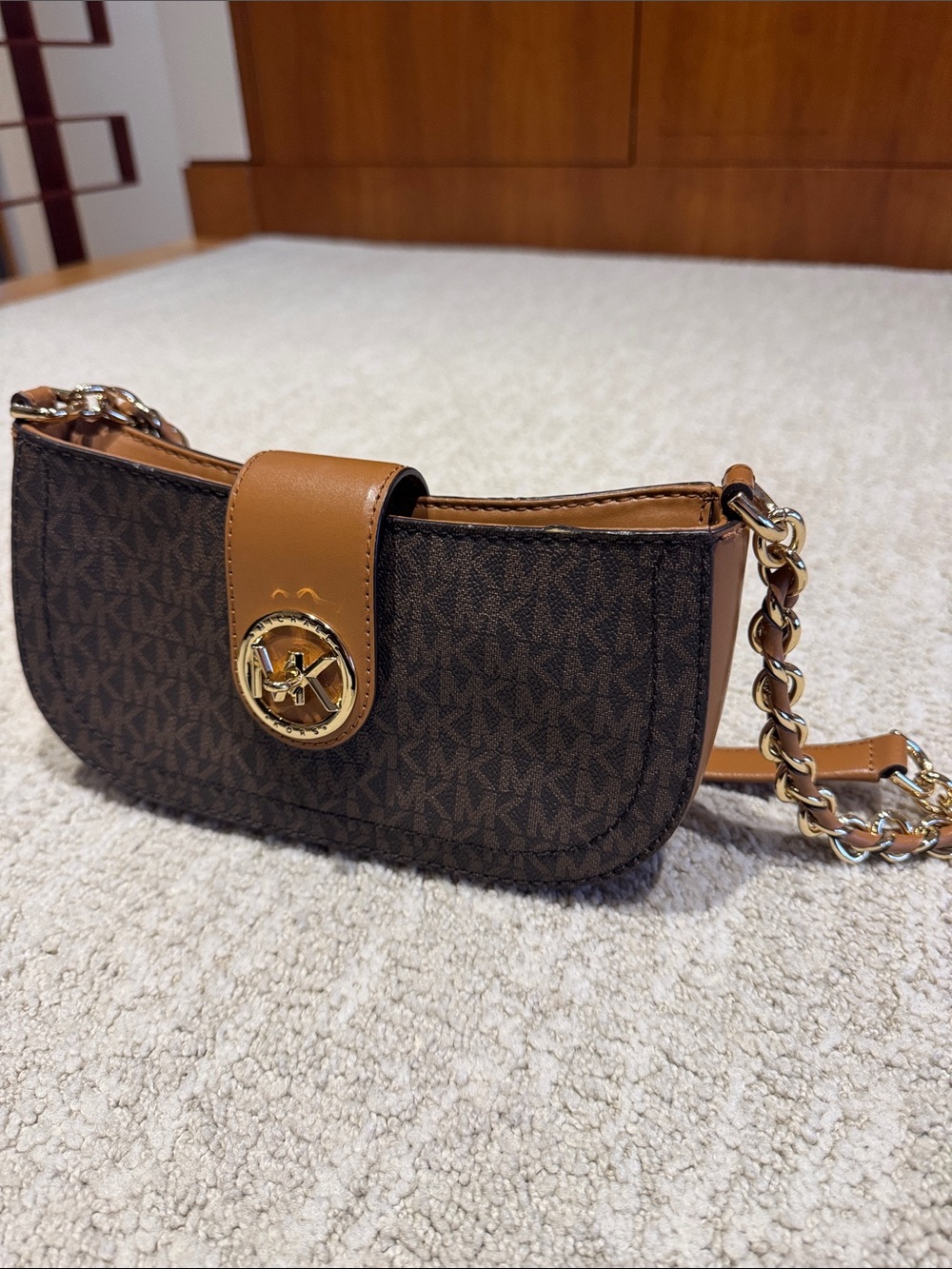 Michael Kors Brown Logo Crossbody with Tan Leather Strap and Gold Hardware